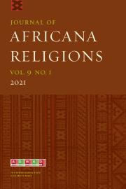 Cover of the Journal of Africana Religion which is a warm red brown colour with an african print in a deeper brown colour on the bottom half below the text