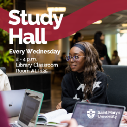 Students sitting at a table with laptops talking, banner at top of image says Study Hall